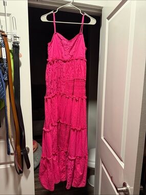 Anthropologie Hot Pink Lace Tiered Maxi Dress